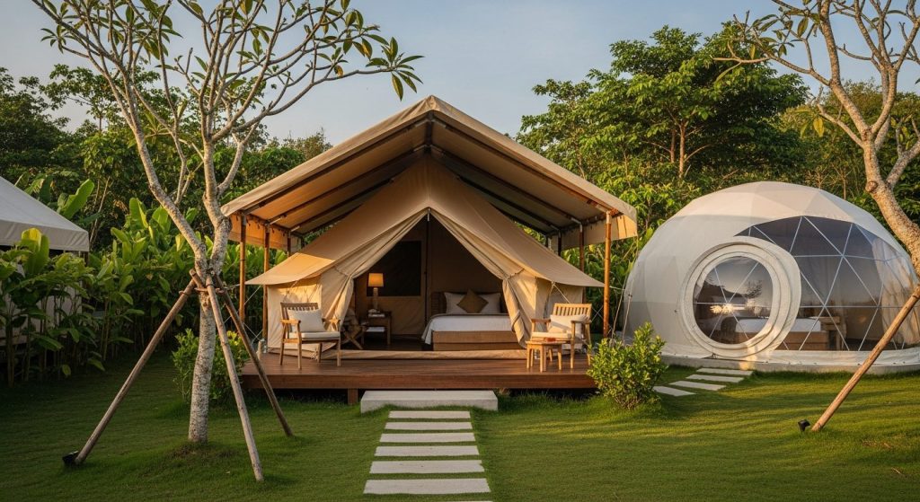 affordable luxury glamping bali, Bali — Photorealistic editorial luxury glamping photo, Bali, safari tent / eco-dome / b