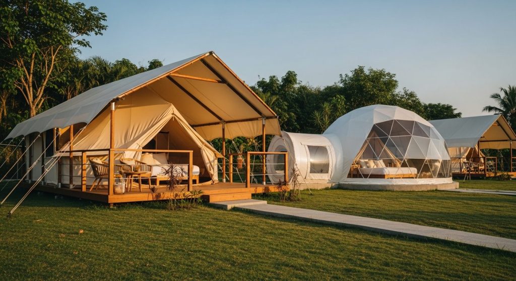 best glamping in bali, Bali — Photorealistic editorial luxury glamping photo, Bali, safari tent / eco-dome / bubble tent