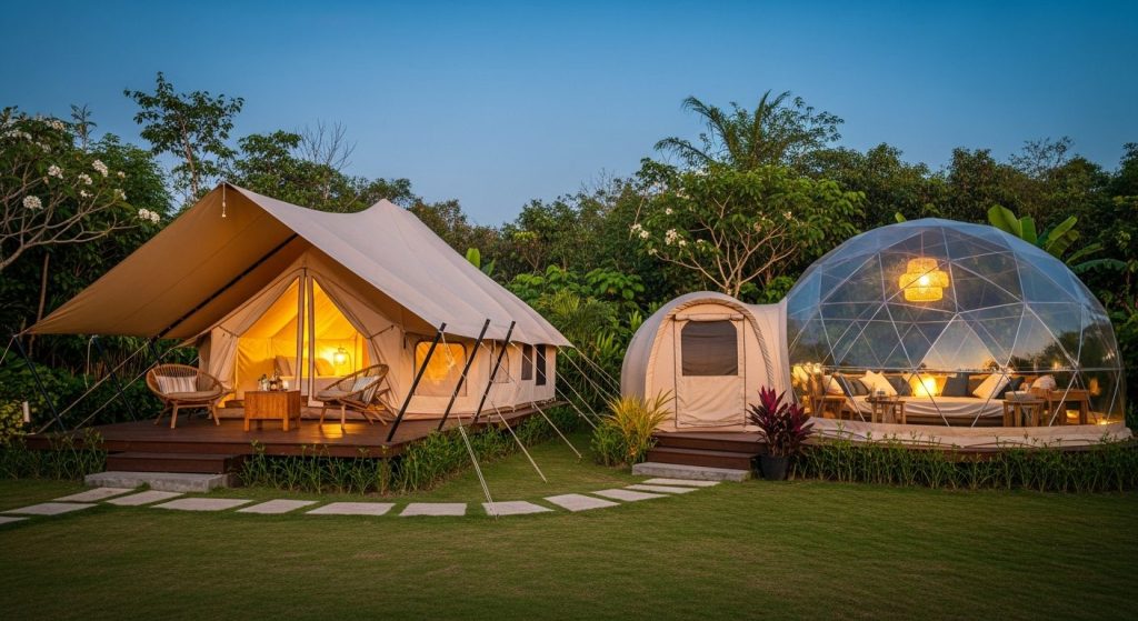 glamping bali book, Bali — Photorealistic editorial luxury glamping photo, Bali, safari tent / eco-dome / bubble tent /