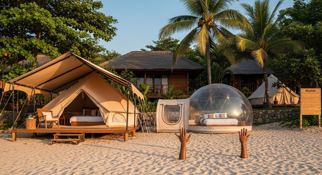 beachfront glamping bali, Bali — Photorealistic editorial luxury glamping photo, Bali, safari tent / eco-dome / bubble t