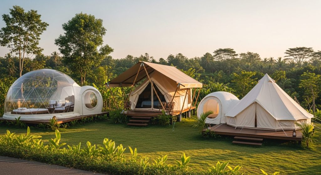 eco glamping bali, Bali — Photorealistic editorial luxury glamping photo, Bali, safari tent / eco-dome / bubble tent / b
