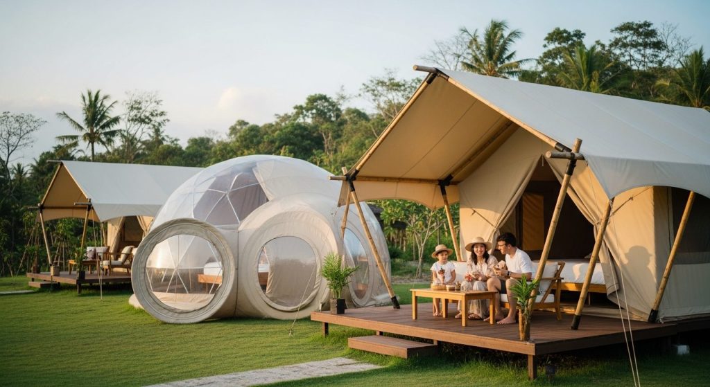 family glamping bali, Bali β Photorealistic editorial luxury glamping photo, Bali, safari tent / eco-dome / bubble tent