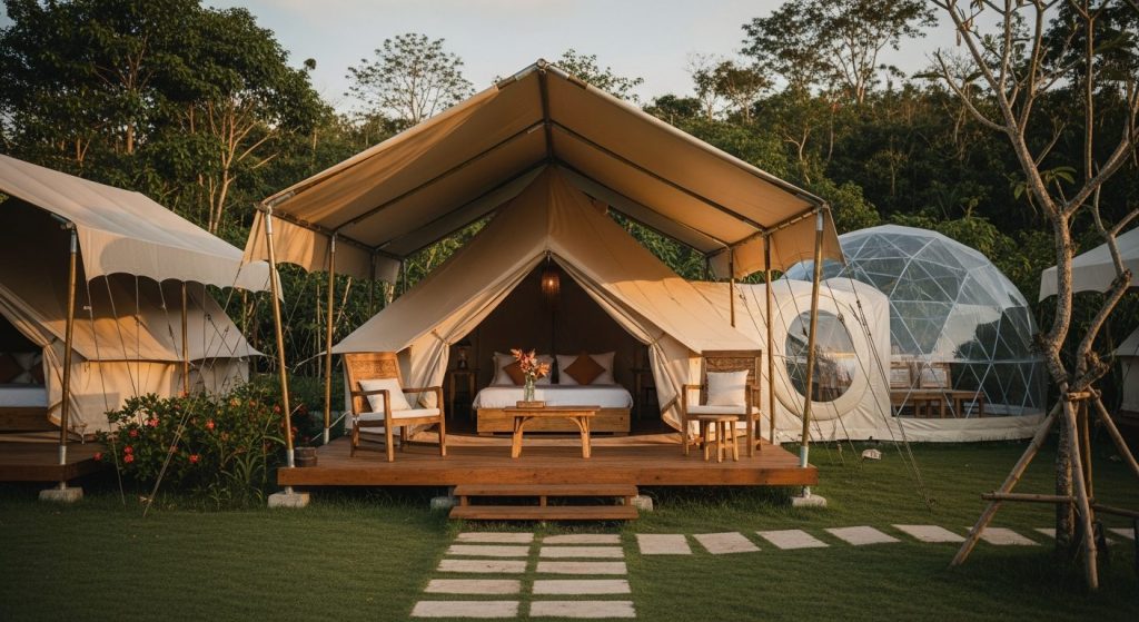 bali glamping faq, Bali — Photorealistic editorial luxury glamping photo, Bali, safari tent / eco-dome / bubble tent / b