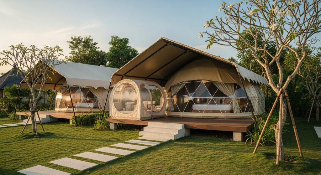 bali glamping resorts, Bali — Photorealistic editorial luxury glamping photo, Bali, safari tent / eco-dome / bubble tent