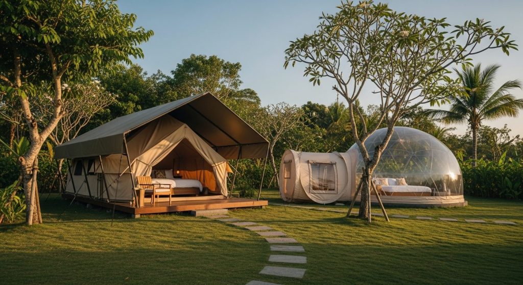 luxury glamping bali, Bali — Photorealistic editorial luxury glamping photo, Bali, safari tent / eco-dome / bubble tent