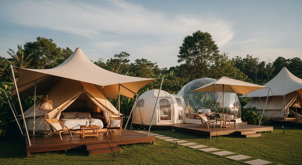 glamping honeymoon bali, Bali — Photorealistic editorial luxury glamping photo, Bali, safari tent / eco-dome / bubble te
