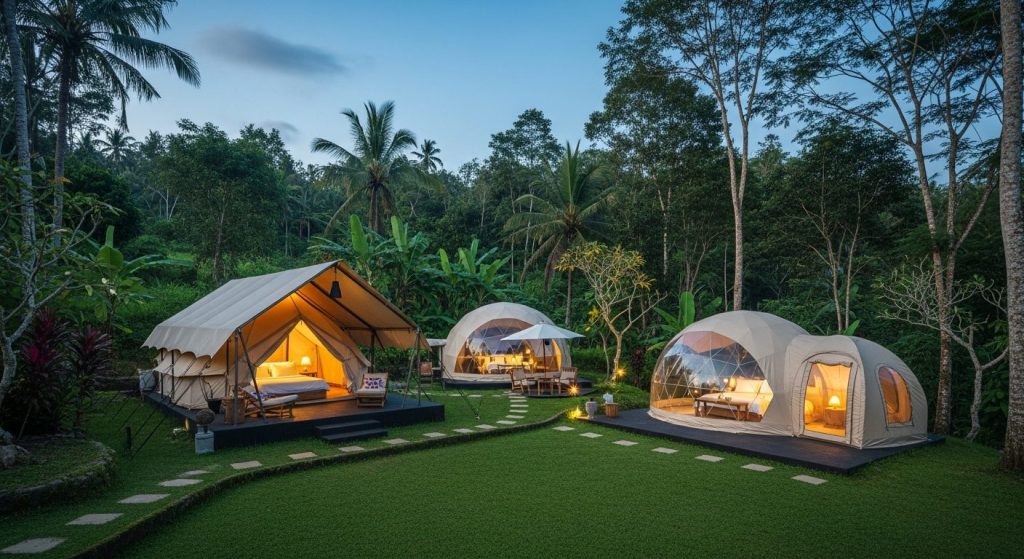 glamping in ubud, Bali — Photorealistic editorial luxury glamping photo, Bali, safari tent / eco-dome / bubble tent / be