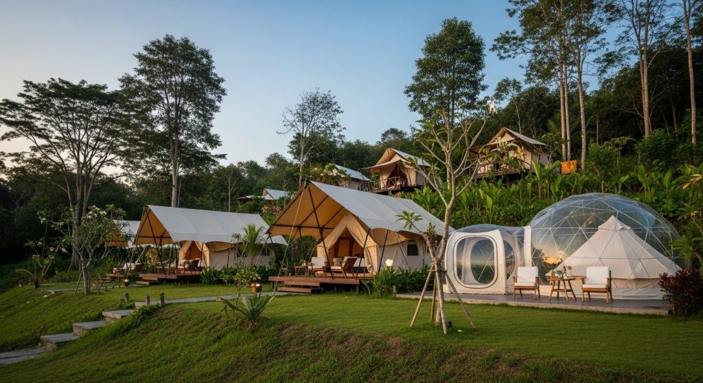 luxury glamping bali prices per night, Bali — Photorealistic editorial luxury glamping photo, Bali, safari tent / eco-do