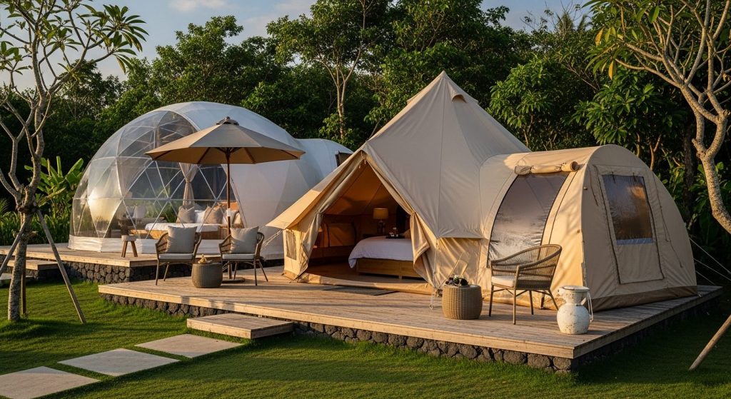 safari tents bali, Bali — Photorealistic editorial luxury glamping photo, Bali, safari tent / eco-dome / bubble tent / b
